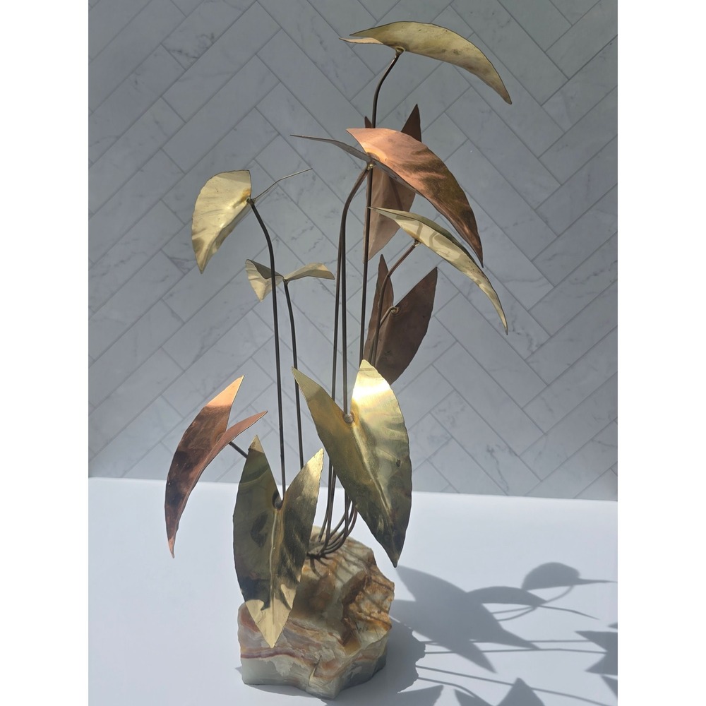 Vintage MCM Brutalist Brass Copper Leaf Sculpture Onyx Stone Base Signed 17" - Picture 3 of 5